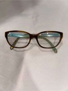 Tiffany & Co. Brown Frames w/ Turquoise Temples Cat-Eye Glasses. EUC. Has hearts